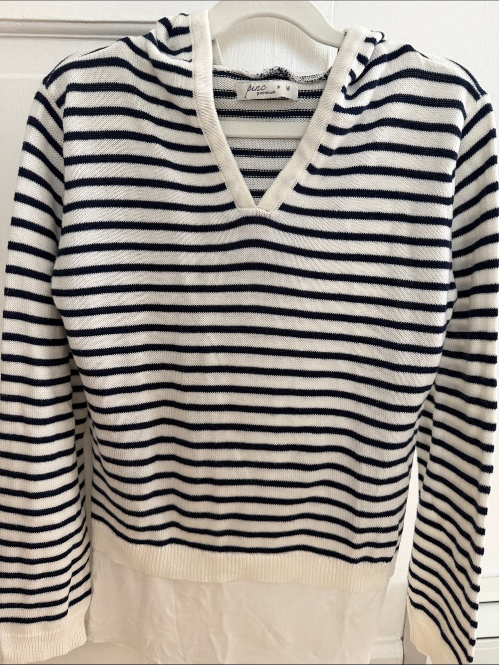 Pinc Navy and White Striped V-Neck Hooded Sweater